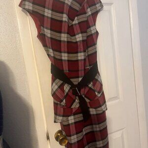 Red and white tartan dress with shawl